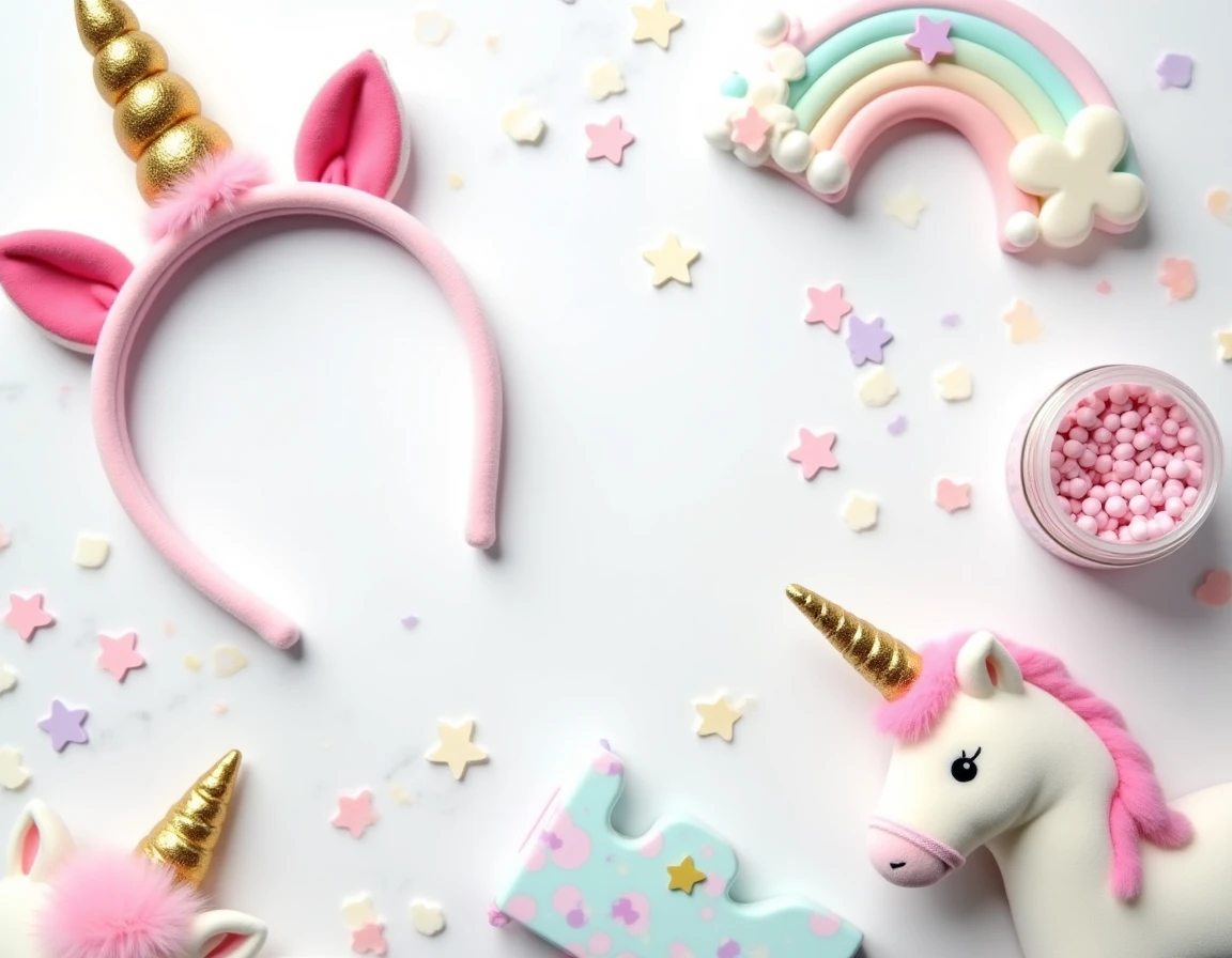 Flat-lay d'accessoires licorne pastel sur marbre blanc incluant un serre-tête à corne dorée, des confettis iridescents et un porte-clés peluche licorne