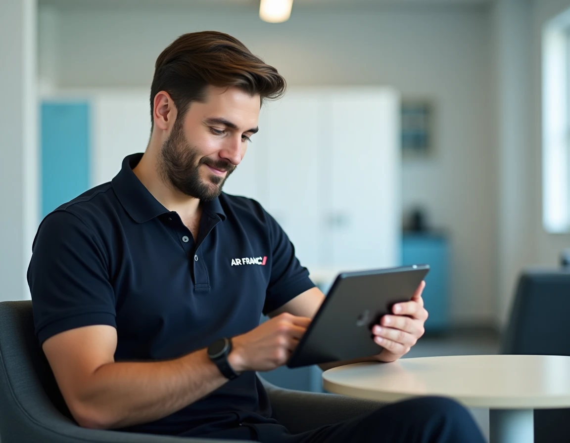 Agent au sol Air France consultant le portail employé Intralignes sur une tablette dans une salle de pause