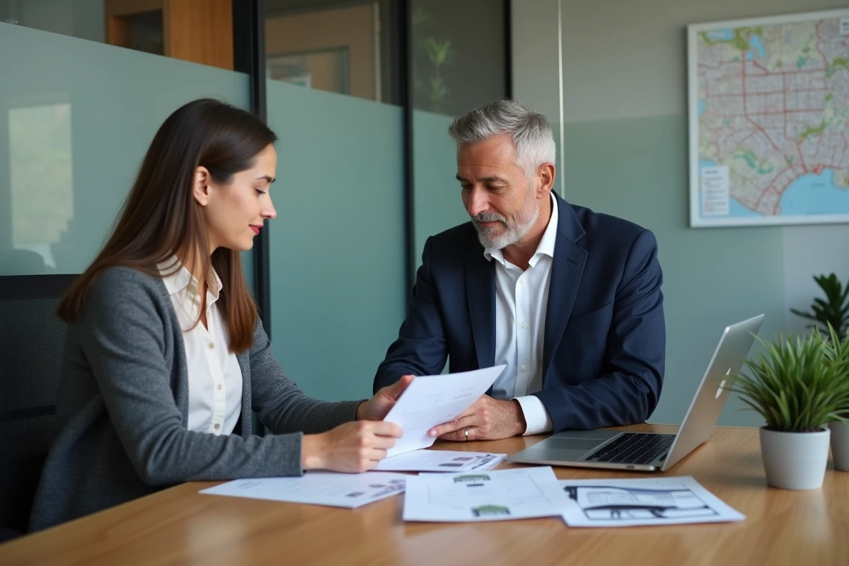 Agent immobilier et cliente examinant des offres immobilières sur ordinateur dans une agence moderne