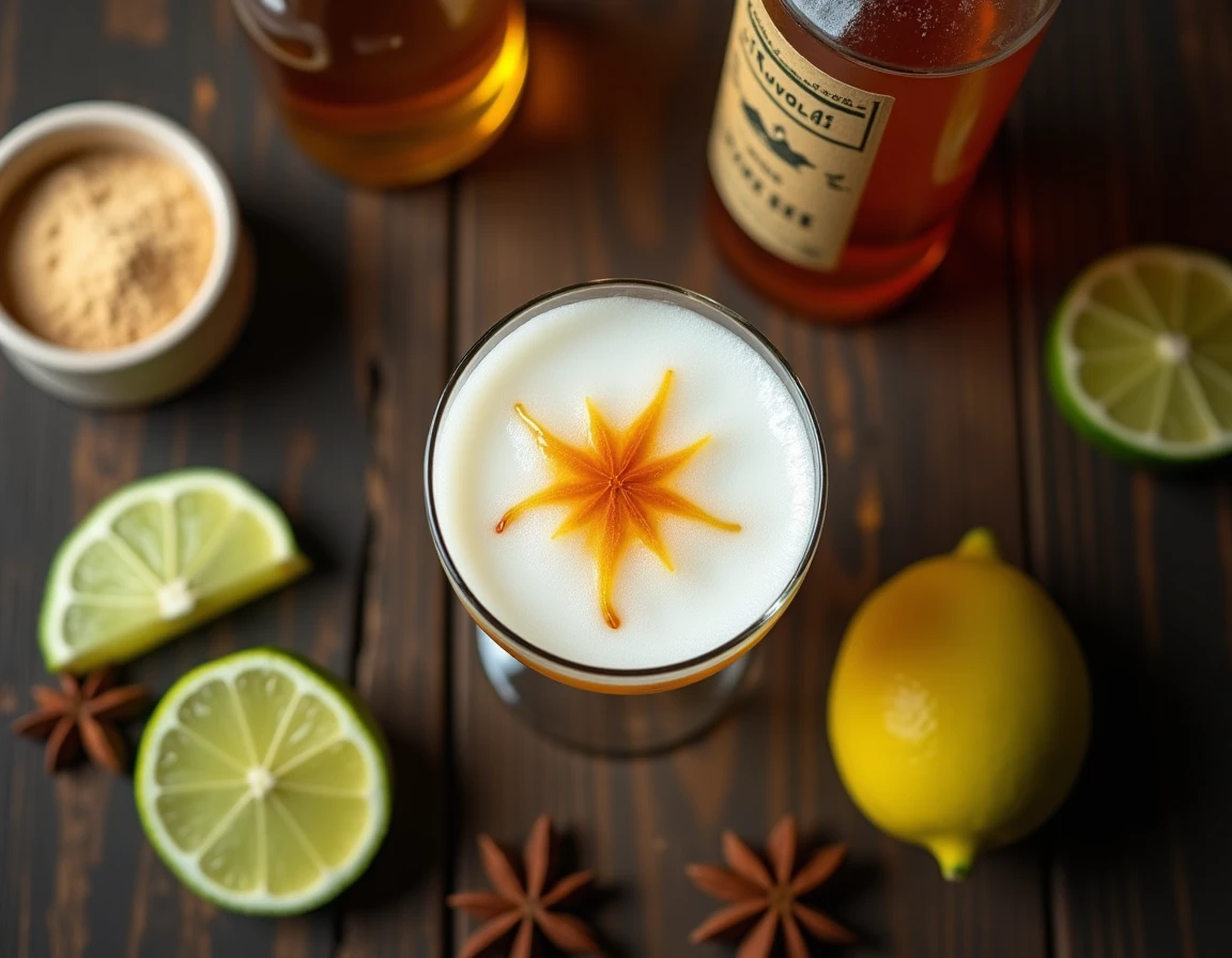Vue aérienne d'un aguardiente sour avec mousse d'œuf blanc et graines d'anis étoilé sur une table en bois rustique