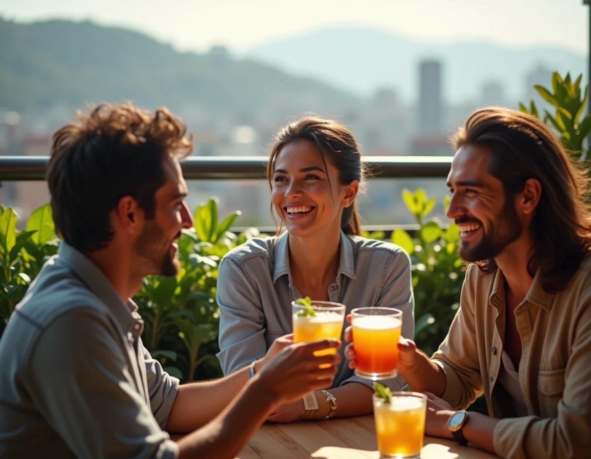 Groupe d'amis colombiens trinquant avec des verres d'aguardiente sour sur une terrasse ensoleillée de Medellín