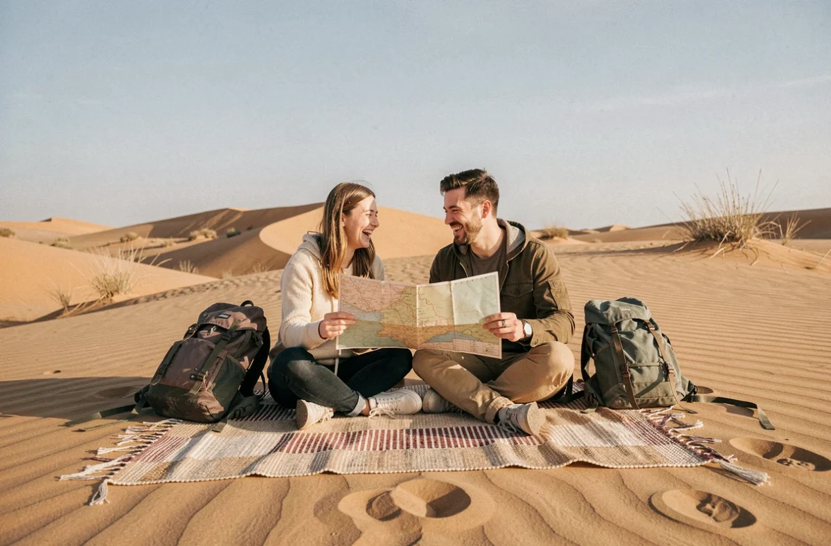 Deux amis voyageurs partageant une carte sur une couverture dans un paysage de dunes de sable dorées