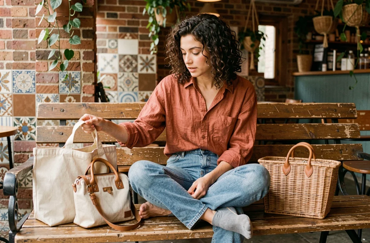 Jeune femme aux cheveux bouclés comparant trois sacs tendance différents posés sur un banc en bois dans un café bohème avec murs en briques apparentes