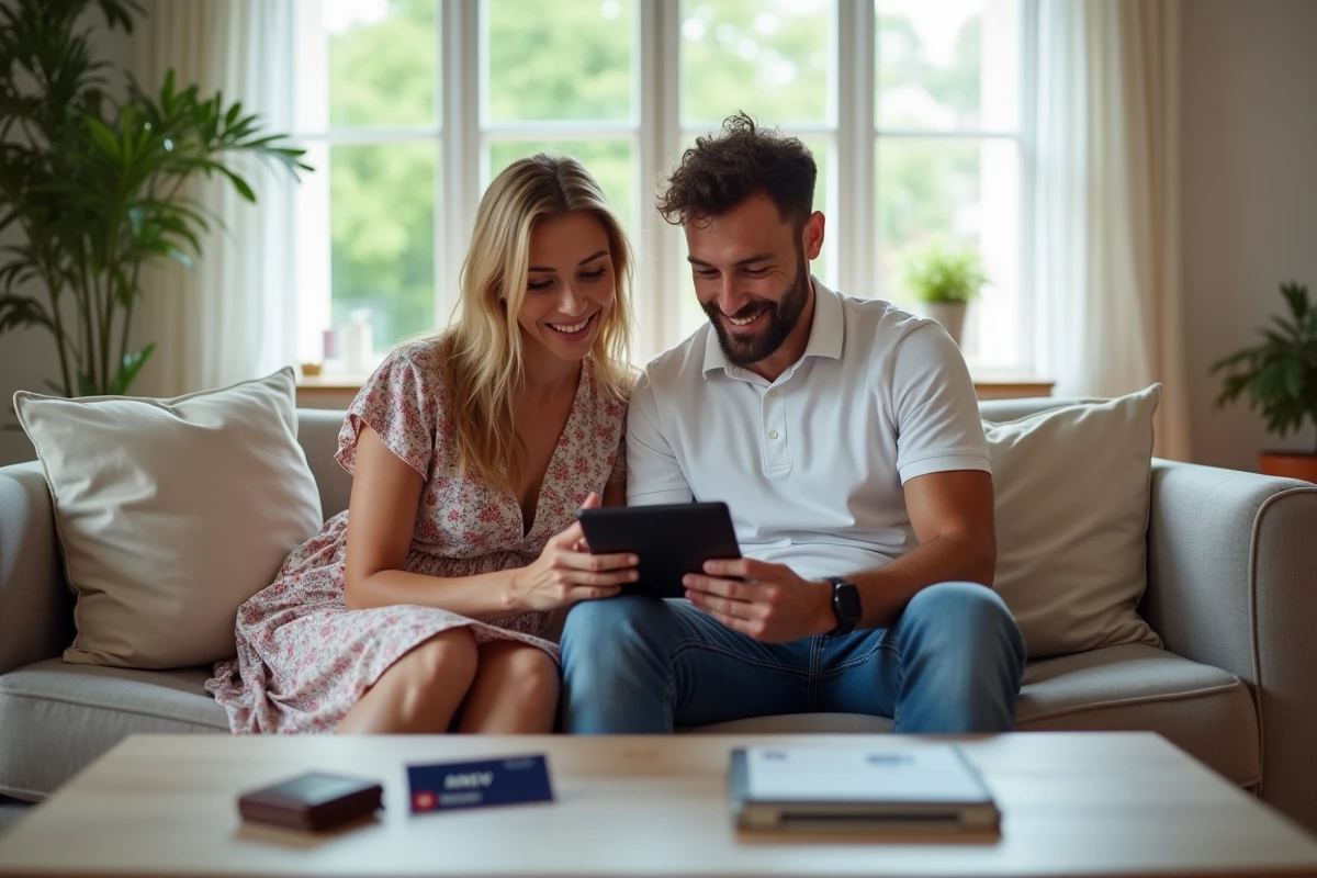 Couple planifiant un voyage Air France en utilisant des chèques vacances ANCV sur une tablette dans leur salon