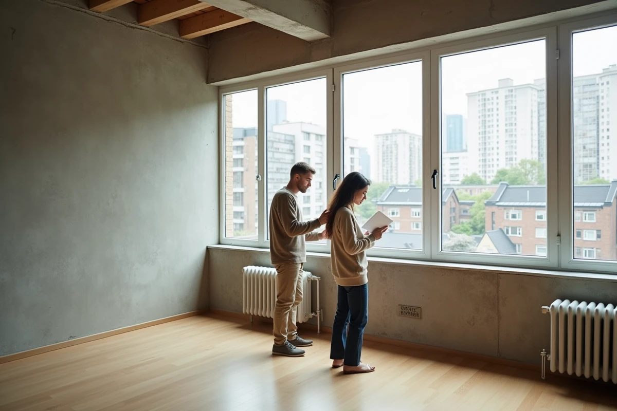 Couple visitant un appartement vide et lumineux avec vue urbaine, en cours de recherche immobilière