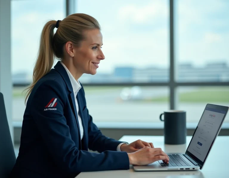 Employée Air France en uniforme connectée à l'intranet Intralignes sur un ordinateur portable dans un bureau d'aéroport
