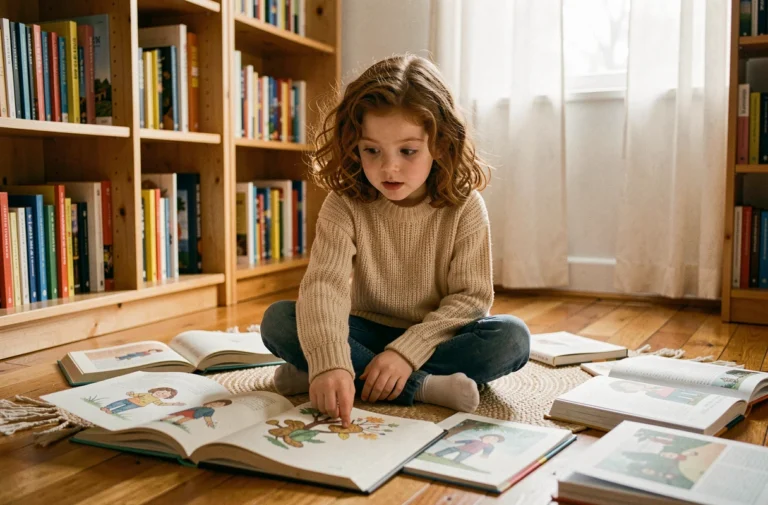 Jeune fille lisant des livres illustrés entourée d'histoires captivantes sur un parquet en bois chaleureux