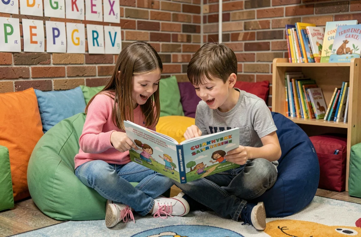 Deux enfants partageant un livre illustré dans un coin lecture coloré d'une salle de classe