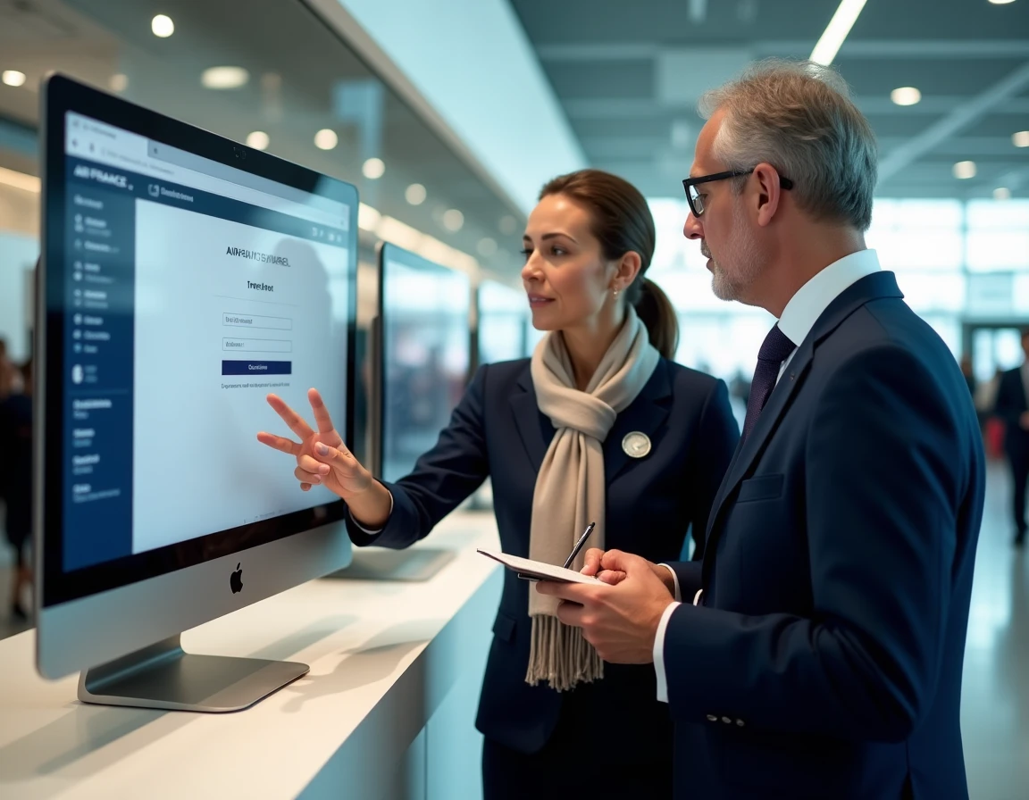 Deux membres d'équipage Air France en uniforme consultant ensemble l'interface de connexion Intralignes dans un couloir d'aéroport