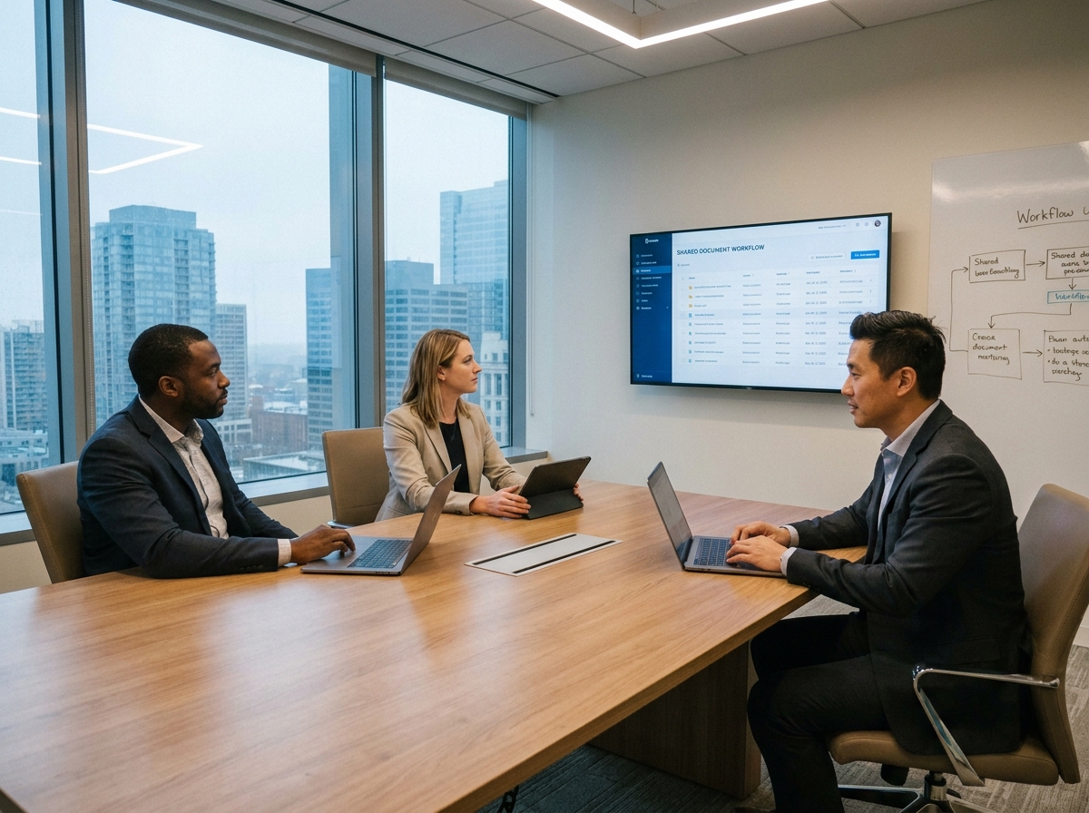 Équipe collaborative travaillant ensemble sur une solution de gestion électronique de documents en salle de réunion