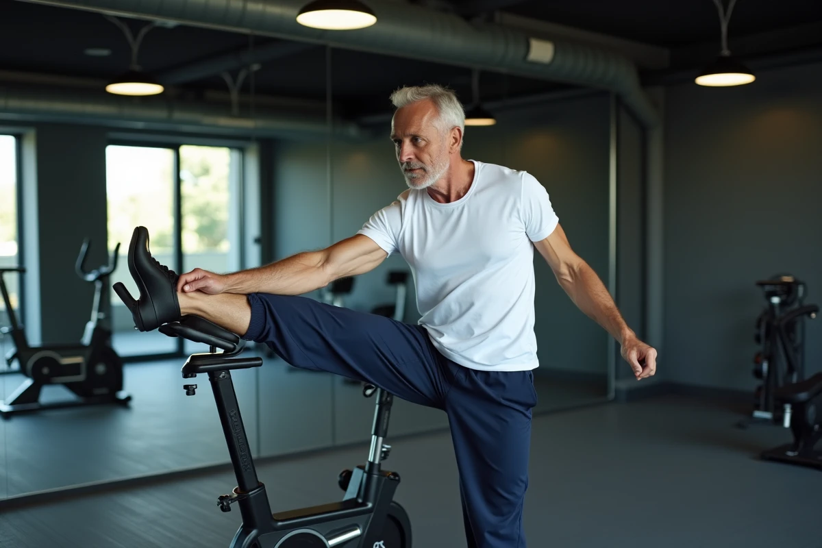 Homme s'étirant les quadriceps debout à côté d'un vélo d'appartement dans une salle de fitness moderne