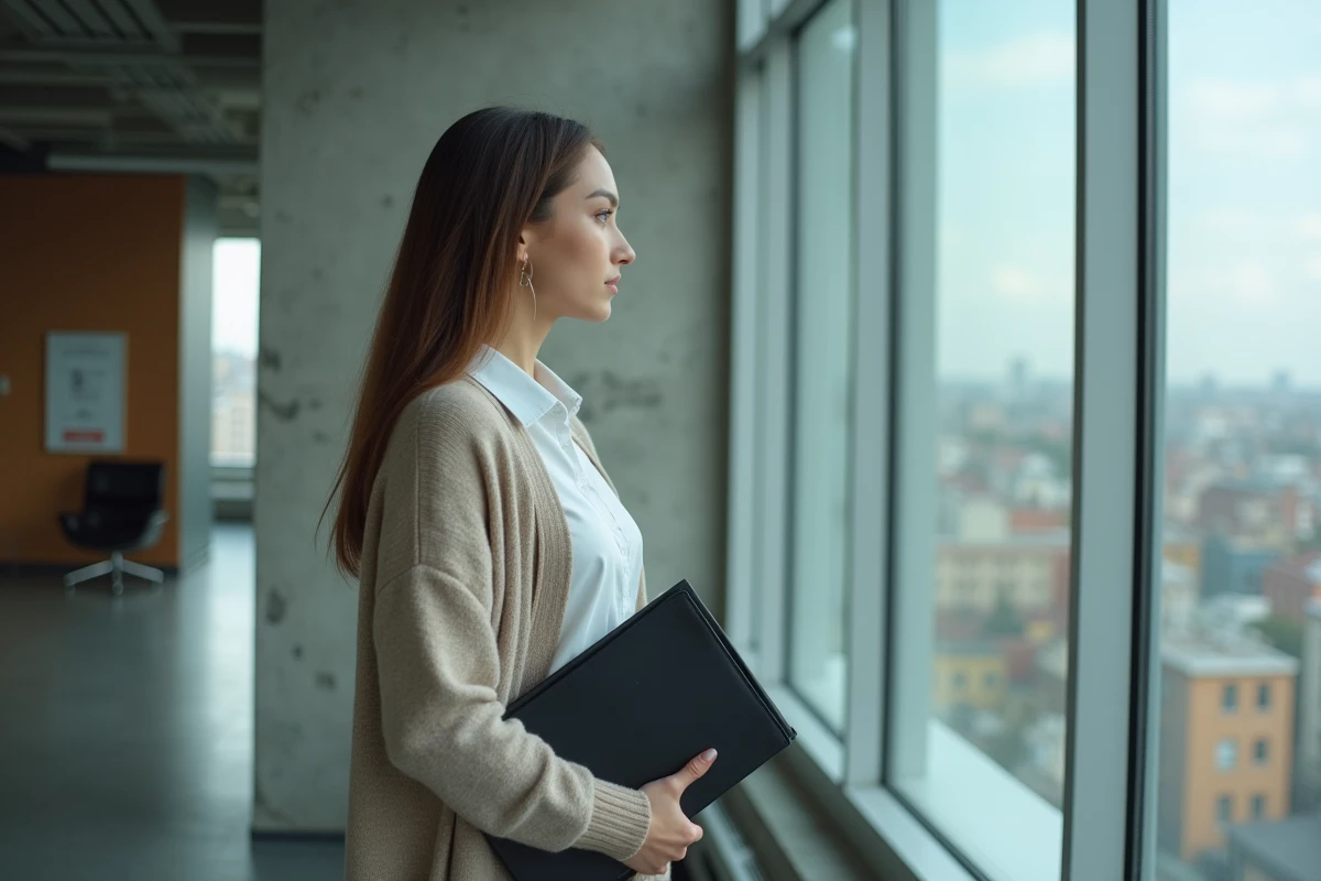 Femme apprentie regardant pensivement la ville depuis un couloir moderne