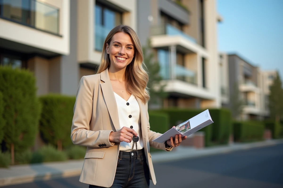 Femme souriante tenant des clés devant un immeuble résidentiel moderne, illustrant une acquisition immobilière réussie