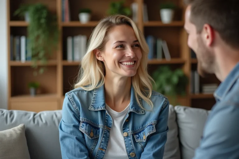 Femme blonde souriante dans un salon cosy avec son partenaire