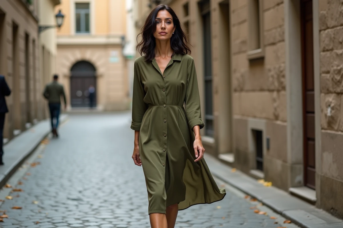 Femme tendance en robe midi verte marchant sur des pavés dans une rue européenne en automne