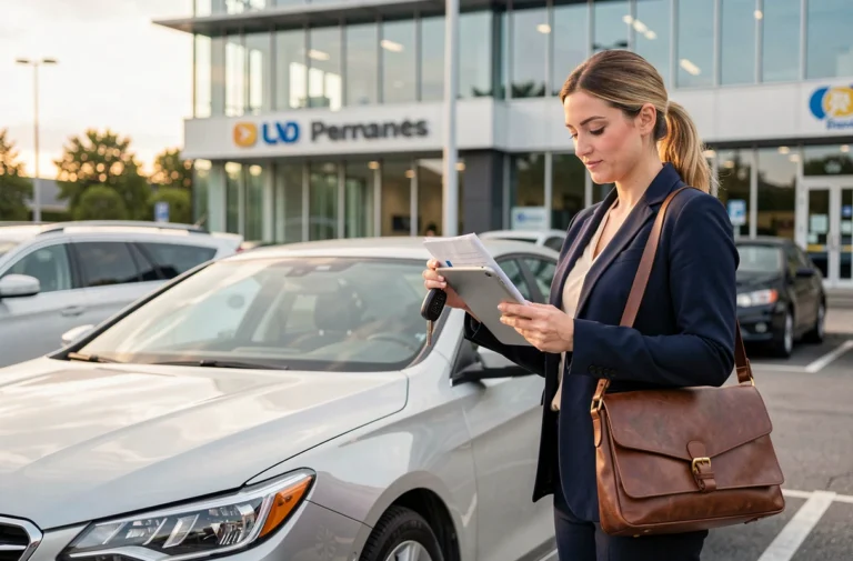 Femme professionnelle récupérant une voiture de location devant une agence moderne en ville