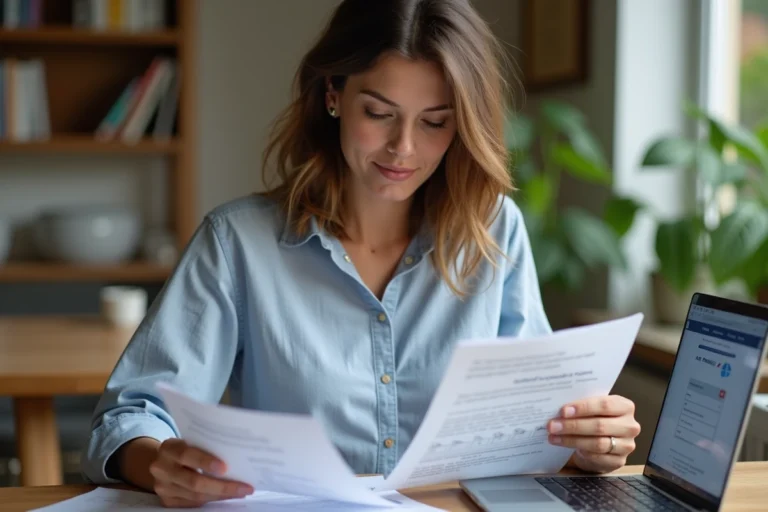 Femme consultant des documents de réservation Air France avec des chèques vacances à son bureau à domicile