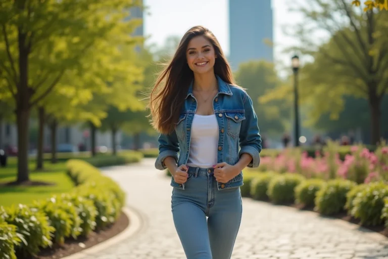 Femme ressemblant à Selena Gomez dans un parc urbain en 2024