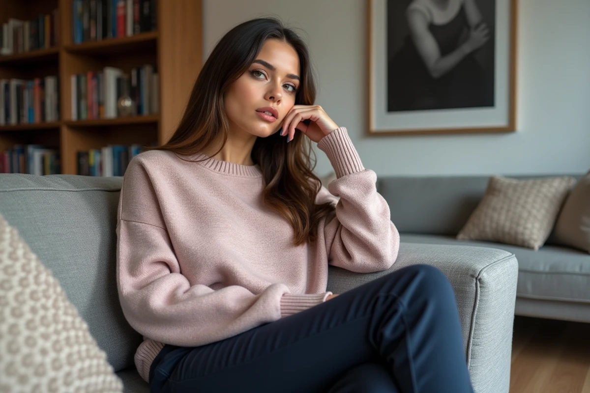 Femme assise sur un canapé dans un salon moderne et cosy