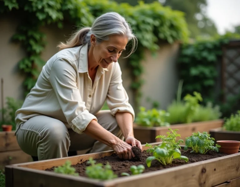 Femme de 60 ans jardinent dans son potager, activité bien-être pour bien vieillir après 60 ans