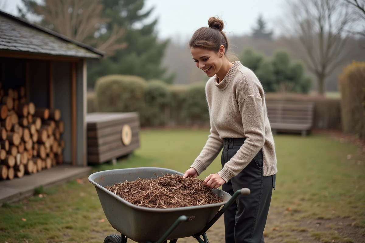 Femme inspectant des branches dans un jardin organisé