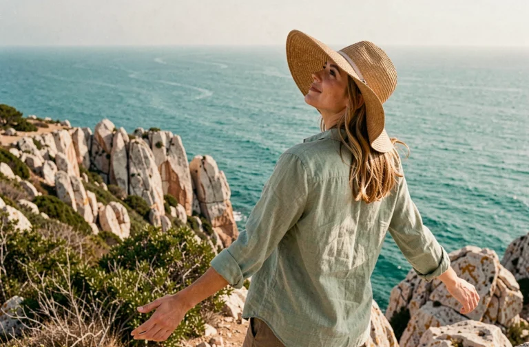 Femme en voyage contemplant l'horizon depuis une falaise rocheuse au bord de la mer méditerranée