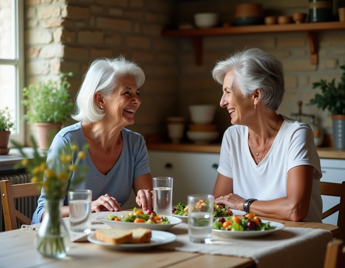 Deux femmes seniors partageant un repas sain ensemble, alimentation équilibrée et lien social pour bien vieillir après 60 ans