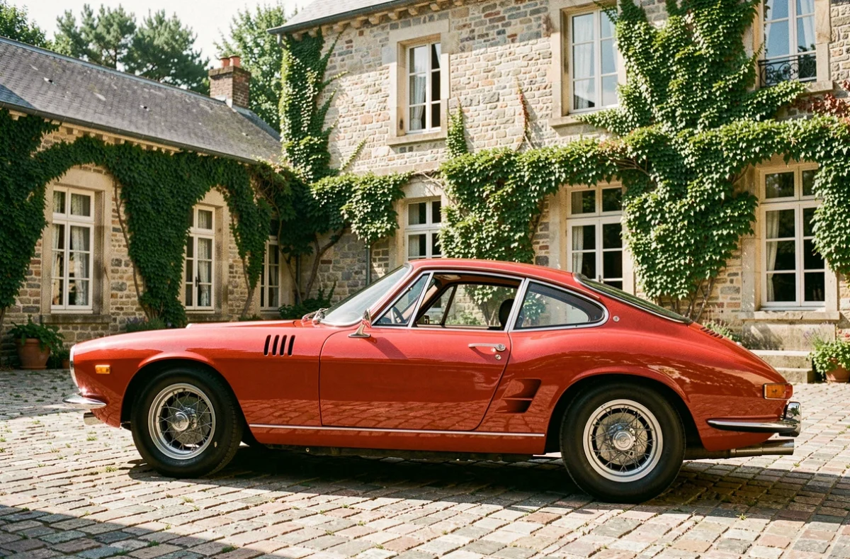 Ferrari rouge des années 1960 garée devant un château en pierre français, voiture de collection emblématique aux chromes brillants sur pavés anciens