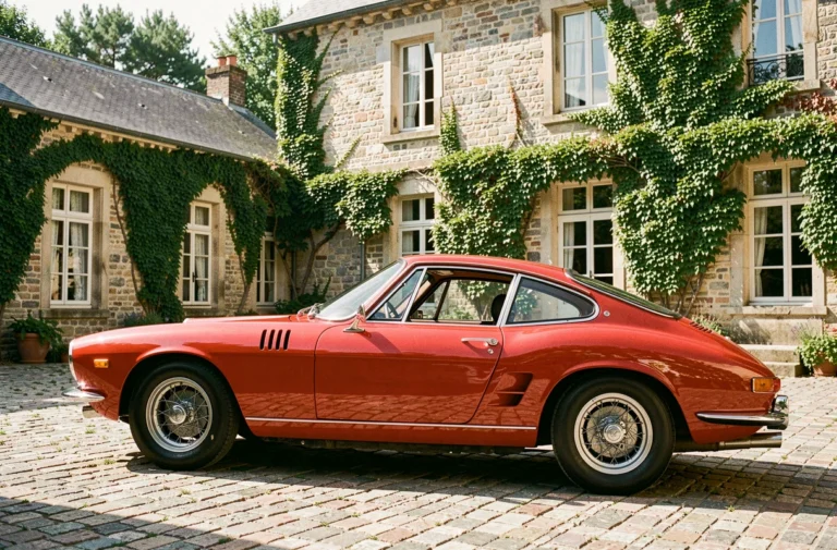 Ferrari rouge des années 1960 garée devant un château en pierre français, voiture de collection emblématique aux chromes brillants sur pavés anciens