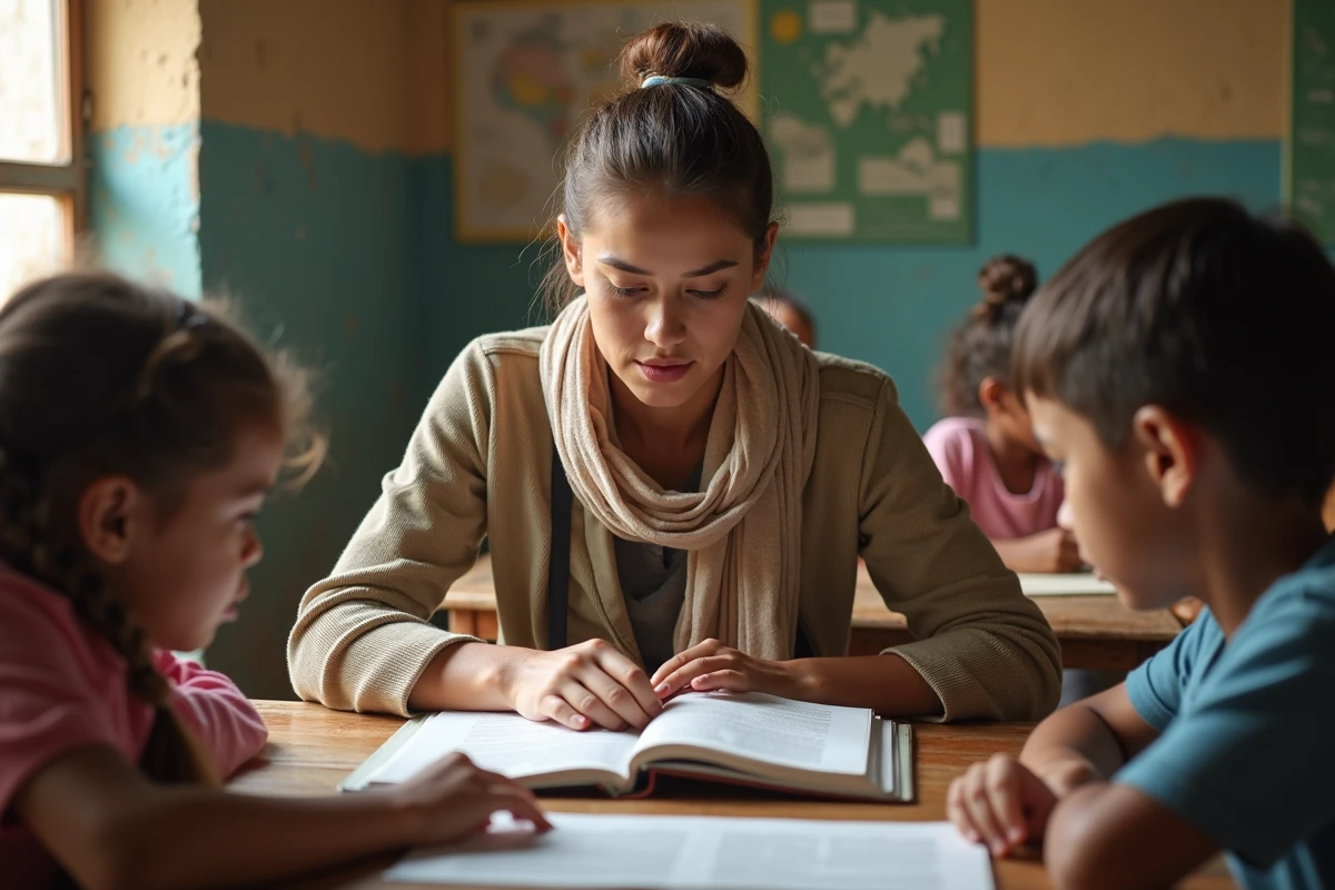 Jeune femme partageant un livre avec des enfants dans une classe