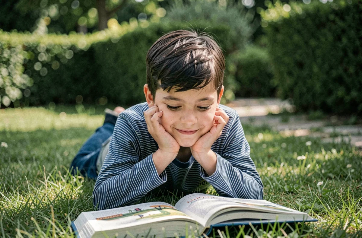 Garçon allongé dans le jardin lisant un livre d'histoires avec curiosité et imagination