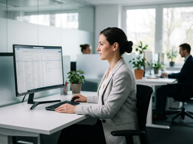 Femme professionnelle gérant des documents numériques sur un écran dans un bureau moderne et organisé