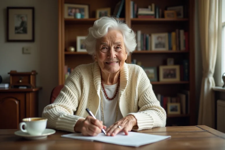 Grand-mère écrivant une lettre manuscrite à sa petite-fille pour son anniversaire, assise à un bureau en bois vintage