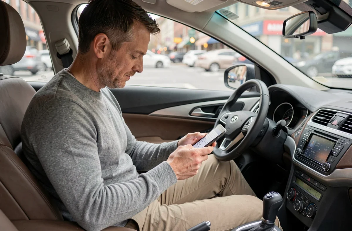 Homme d'affaires finalisant une réservation de voiture de location sur smartphone à l'intérieur du véhicule