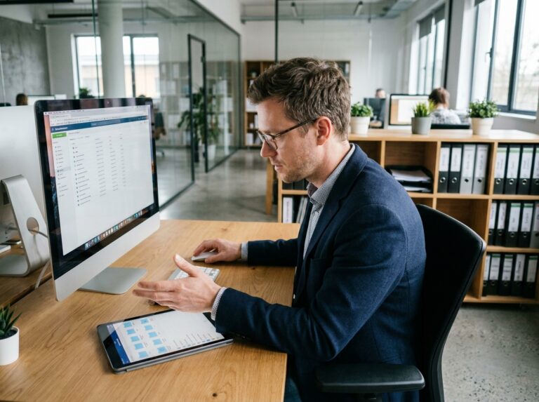 Homme professionnel au bureau utilisant une tablette