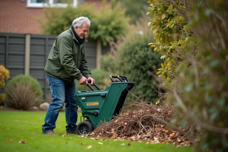 Homme d'âge moyen utilisant un écopeur électrique dans un jardin