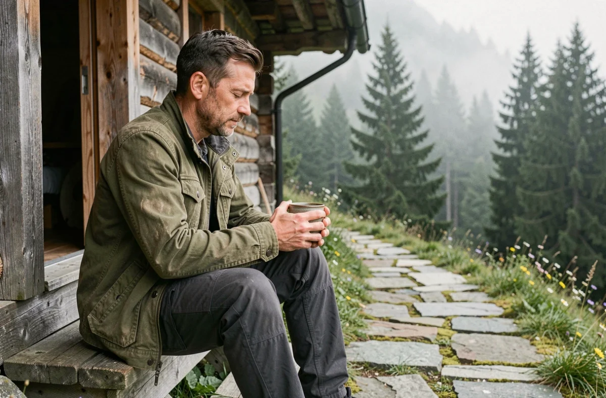 Homme se ressourçant sur les marches d'un refuge de montagne entouré de forêt de pins dans la brume