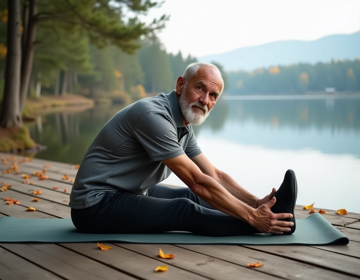 Homme senior faisant du yoga au bord d'un lac en automne, exercice physique pour bien vieillir après 60 ans