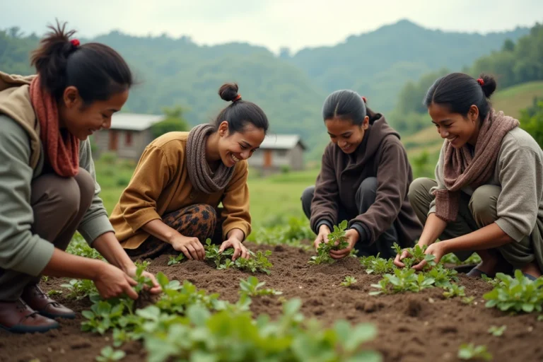 Groupe divers d'adultes et villageois dans un jardin rural