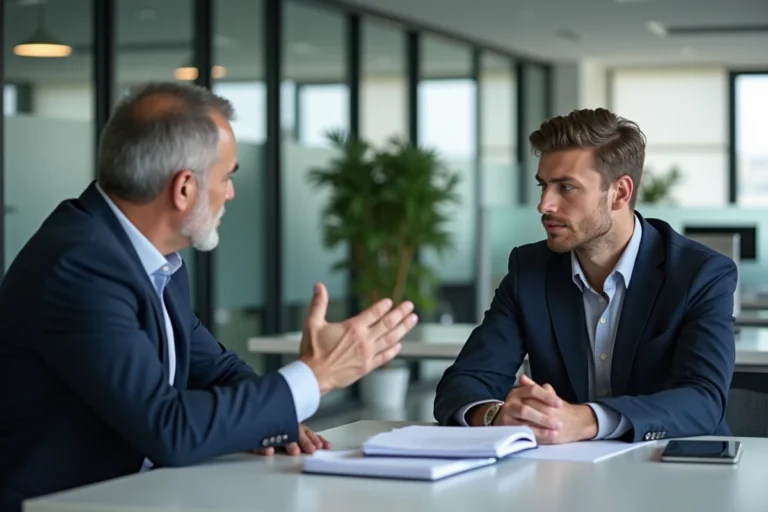 Jeune apprenti en entretien avec un responsable RH dans un bureau moderne