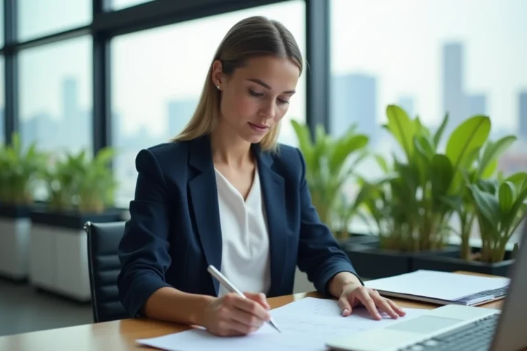 Jeune femme en blazer bleu dans un bureau moderne