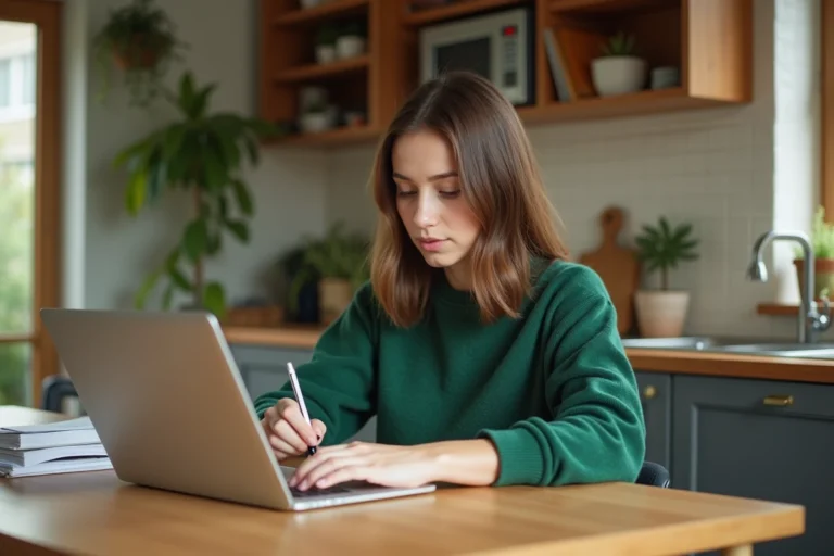 Jeune femme concentrée travaillant sur un ordinateur portable dans une cuisine lumineuse
