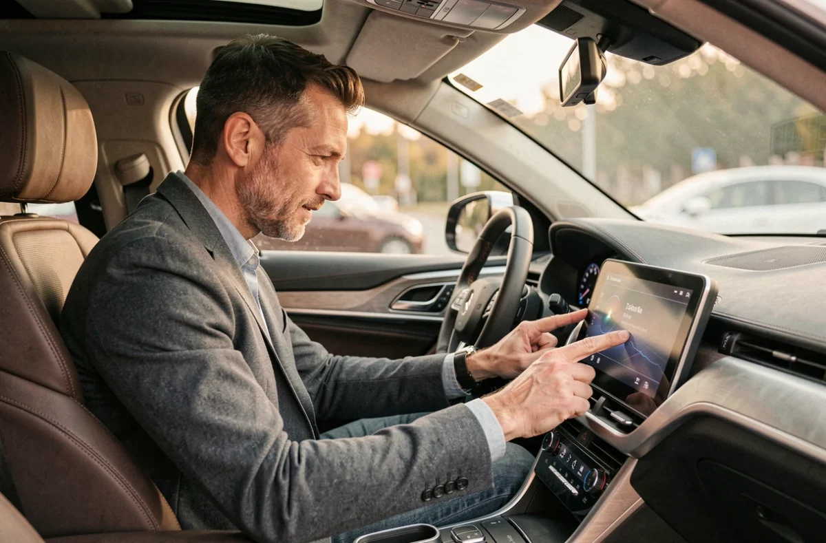 Journaliste automobile inspectant le tableau de bord numérique d'un SUV moderne lors d'un essai