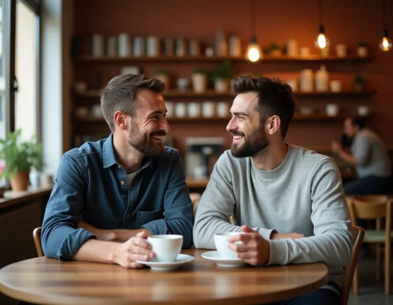 Deux hommes en couple partageant un moment complice dans un café parisien chaleureux