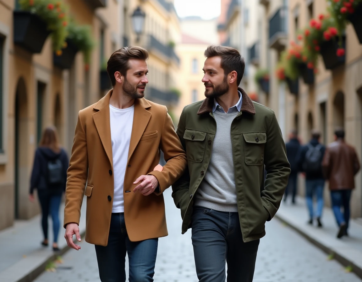 Couple de deux hommes se promenant dans une rue pavée d'une ville européenne