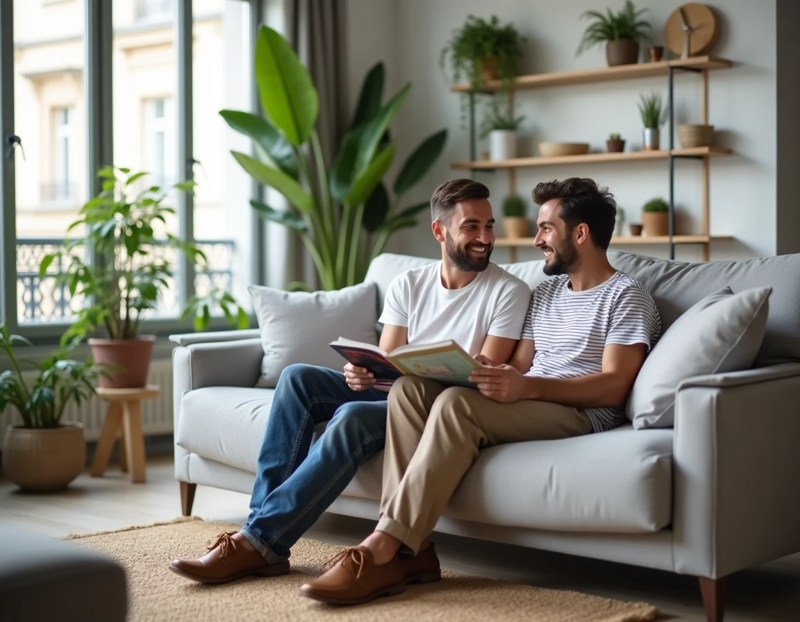 Deux hommes en couple dans un appartement parisien moderne partageant un moment de détente