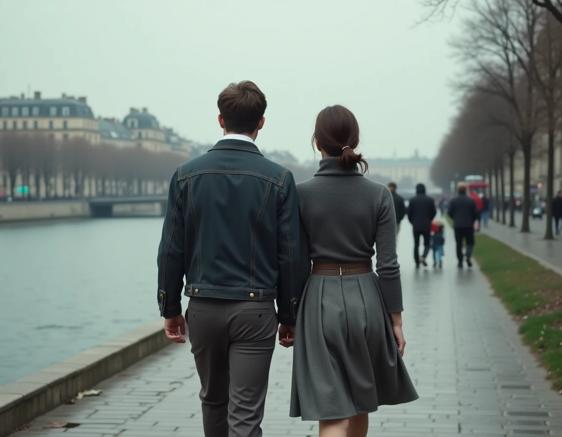 Couple marchant en silence sur les quais de Seine à Paris, tension émotionnelle et style années 80 évoquant le film L'Amour Ouf sur Netflix
