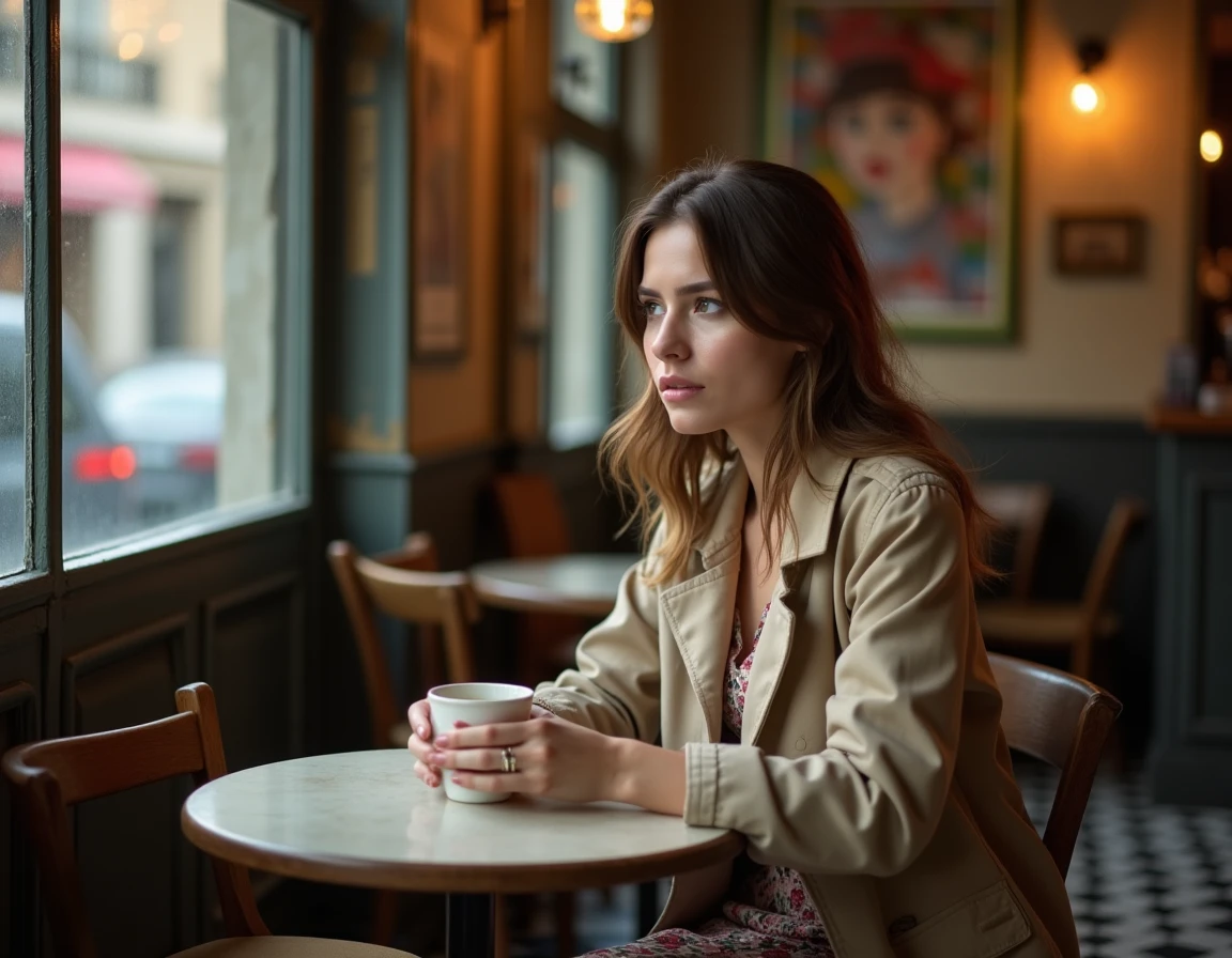 Jeune femme pensive dans une brasserie française vintage, atmosphère romanesque et mélancolique rappelant l'univers du film L'Amour Ouf