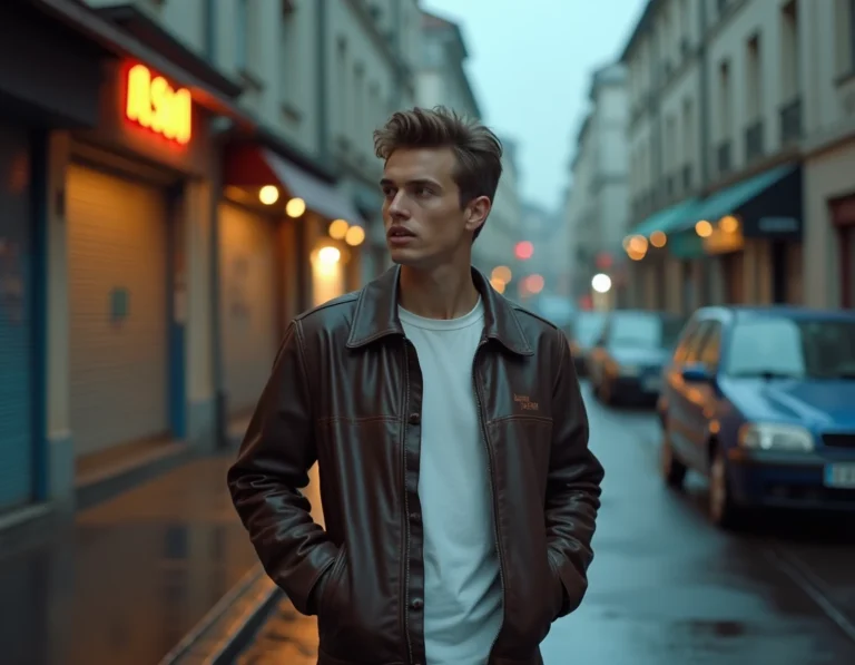 Jeune homme en blouson de cuir dans une rue mouillée d'un quartier populaire français, ambiance années 80 évoquant le film L'Amour Ouf