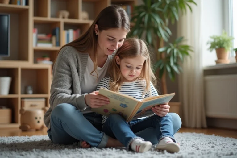 Maman lisant un livre à sa fille dans un salon chaleureux